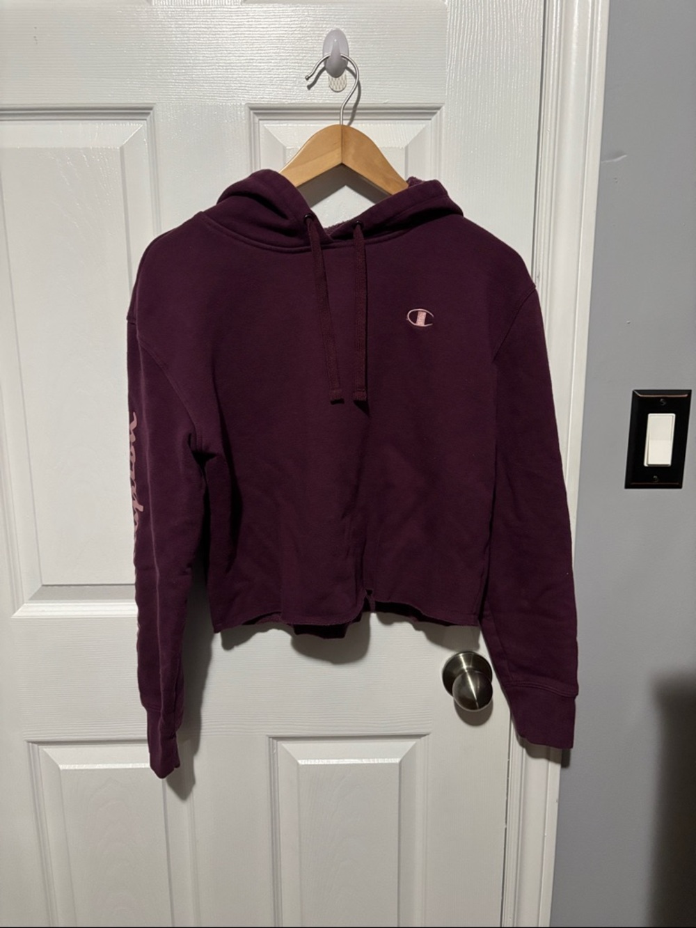 Champion Cropped Hoodie in Plum with Pink Logo